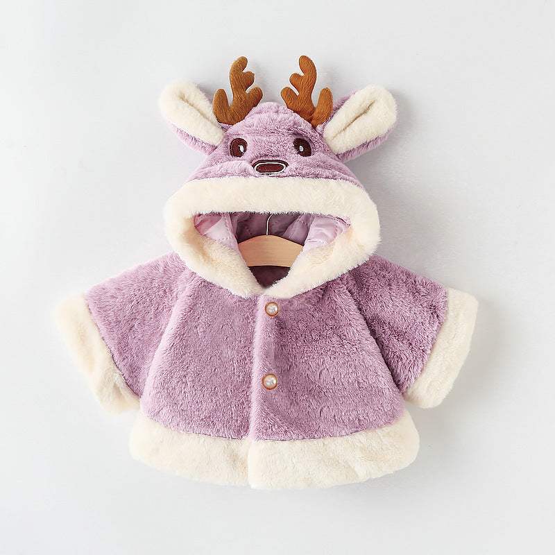 Kids' Thick Hooded Cape Coat With Small Antlers | White