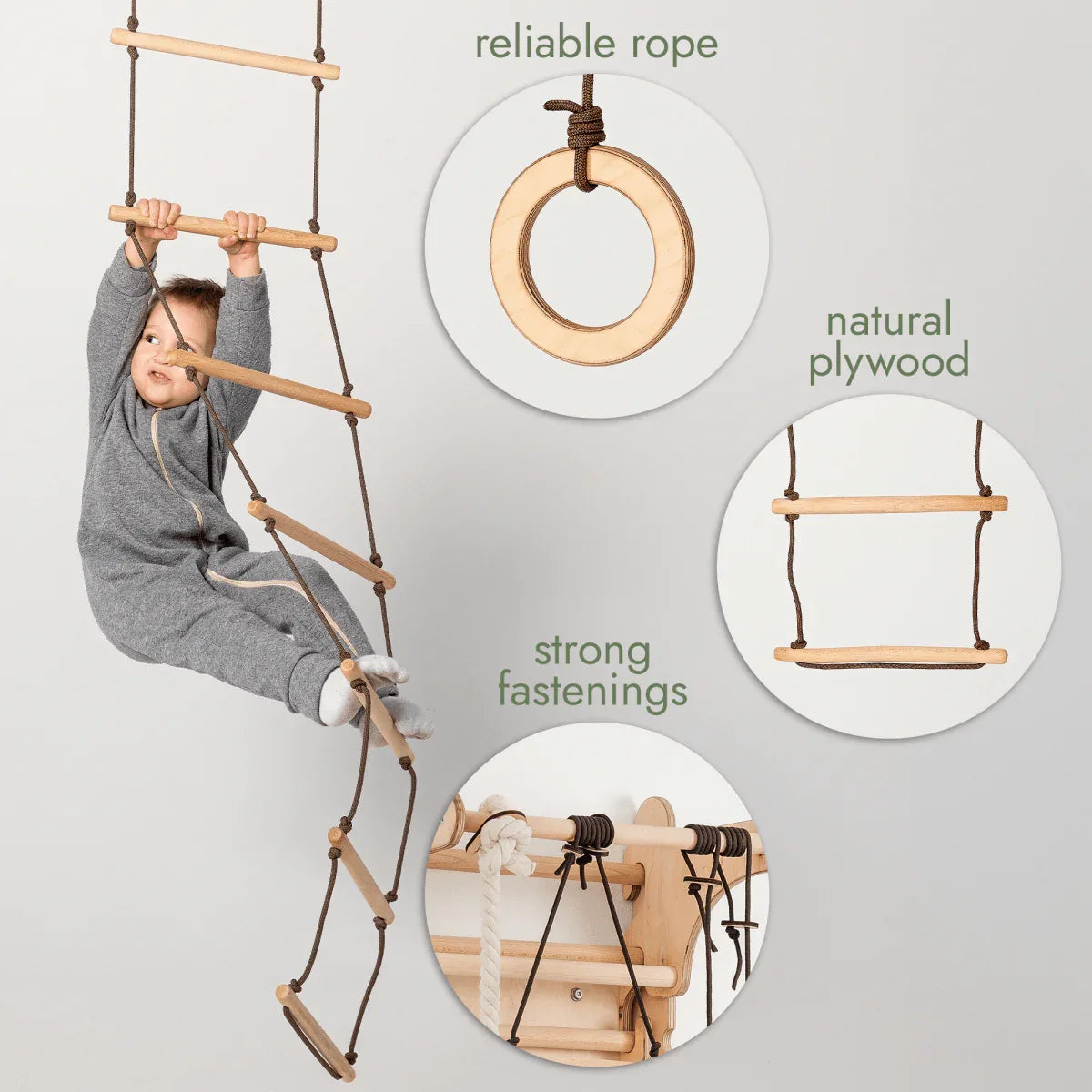 3in1 Swing & Climbing Set: Rope Ladder, Gym Rings & Disc Swing - ToylandEU