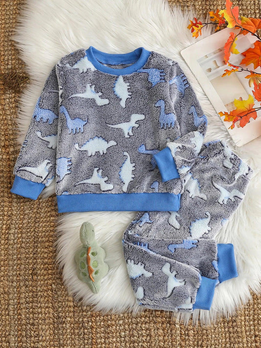 4-6Y Boys Flannel Dinosaur Print 2-Piece Set With Long Sleeve Shirt And Pants - ToylandEU