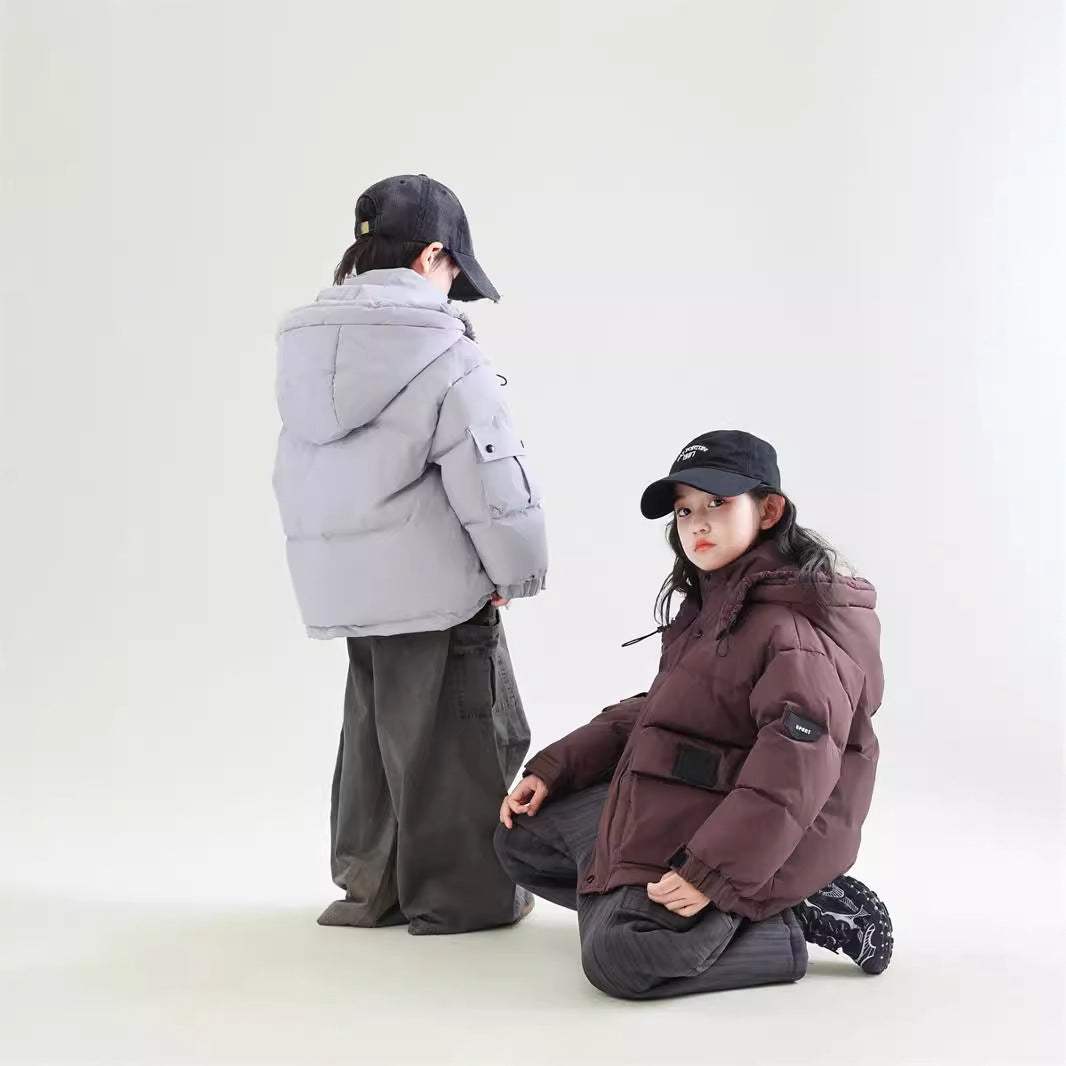 Boys' Winter White Duck Down Warm Coat | Wine Red And Light Gray