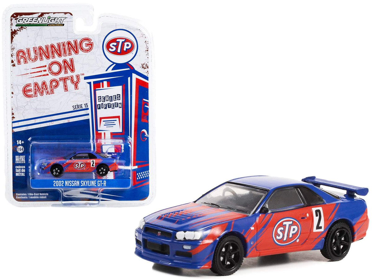 2002 Nissan Skyline GT-R (R34) #2 Blue with Red Graphics | 1/64 Diecast Model Car | Greenlight | STP Series
