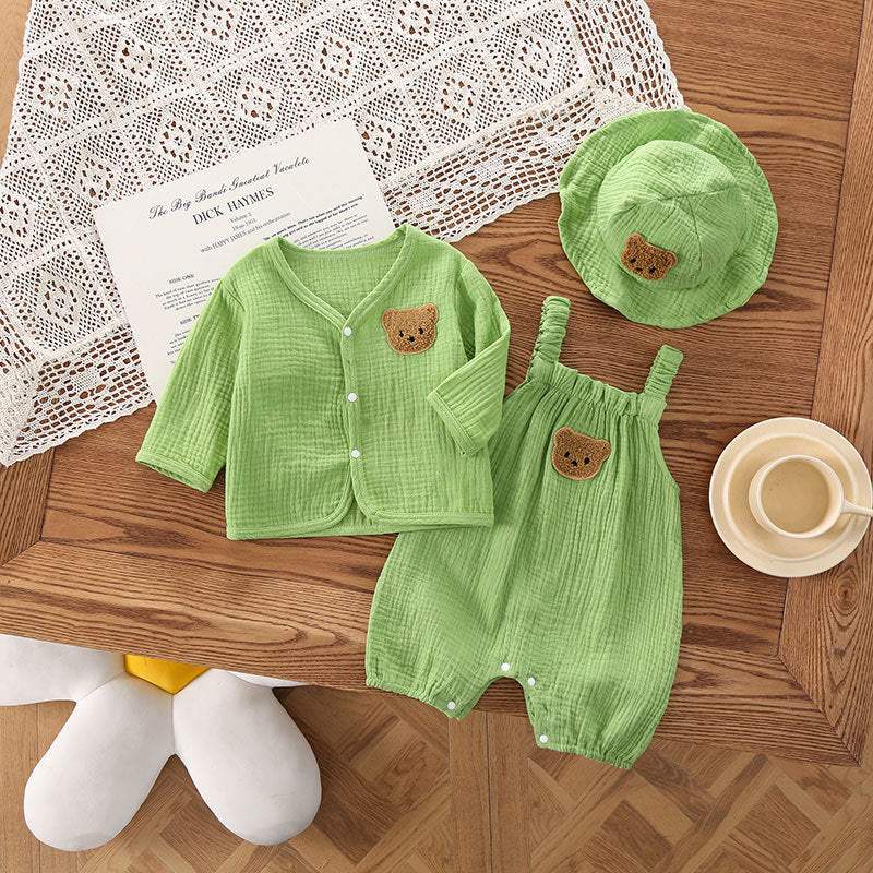 Baby Summer Gauze Hooded Suspender Pants Set | Thin Cotton Bear Head Cardigan