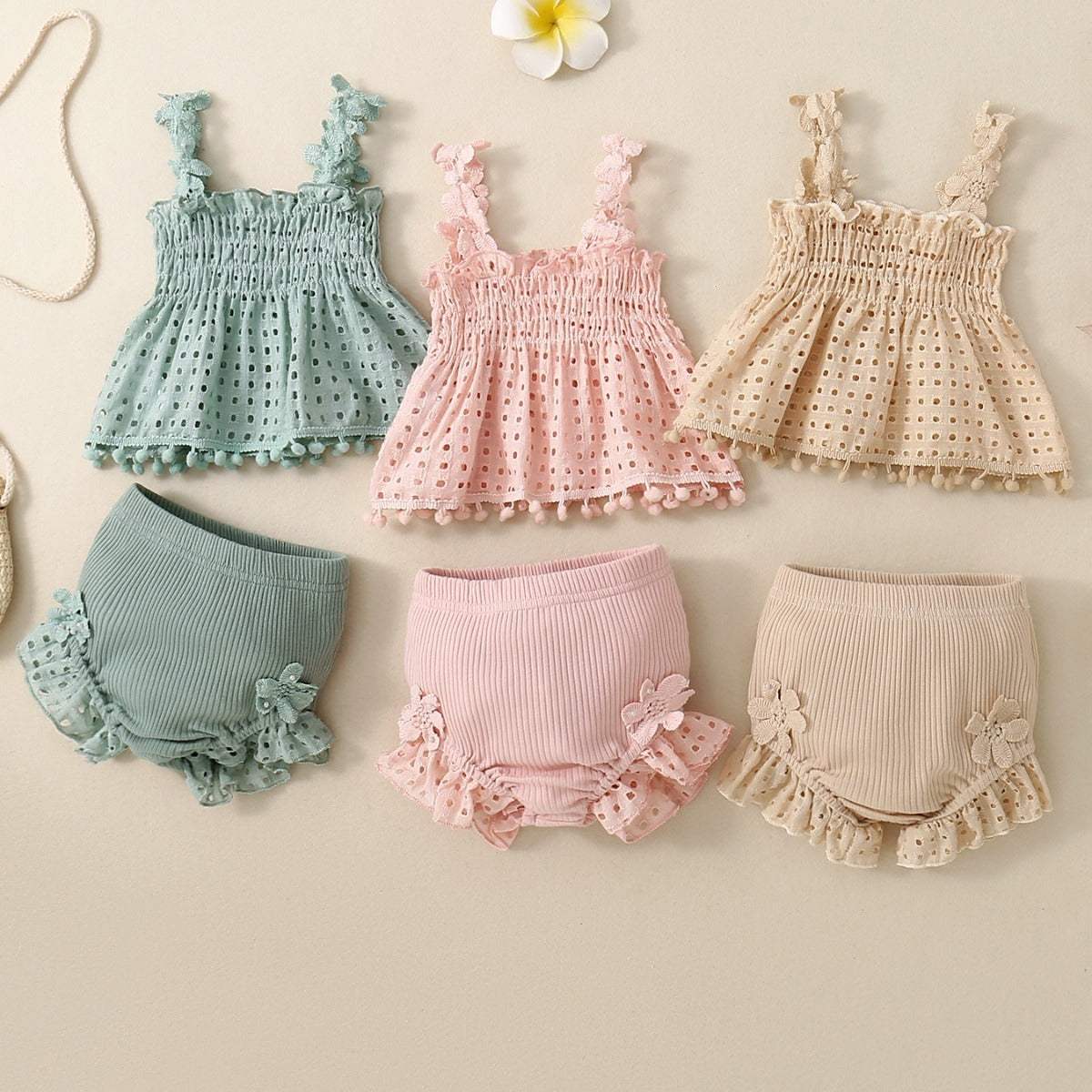 Baby Girl Knitted Cotton Two-Piece Suit | Green, Pink, Apricot