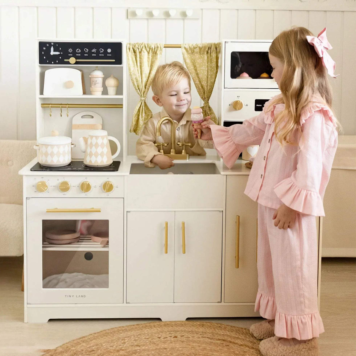 Tiny Land Play Kitchen | Wood Construction | Cream Accents For Kids
