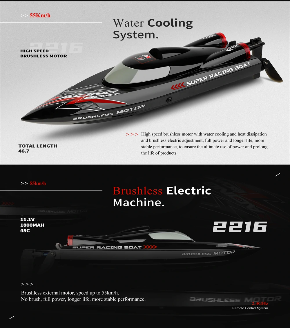 RC WL916 High-Speed 2.4G Brushless RC Boat with LED Lights & Water Cooling System - 60km/h Fast Remote Control Model