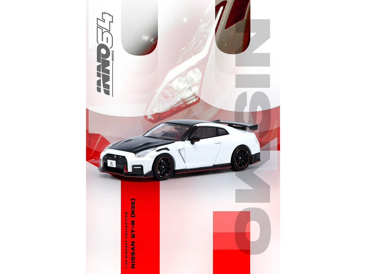 Nissan GT-R (R35) Nismo RHD (Right Hand Drive) White with Carbon Hood and Top | 1/64 Diecast Model Car | Inno Models | Collector Quality