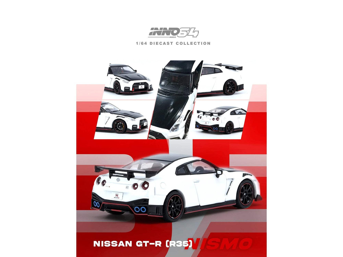 Nissan GT-R (R35) Nismo RHD (Right Hand Drive) White with Carbon Hood and Top | 1/64 Diecast Model Car | Inno Models | Collector Quality