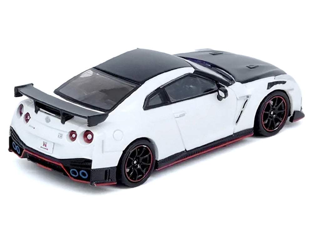 Nissan GT-R (R35) Nismo RHD (Right Hand Drive) White with Carbon Hood and Top | 1/64 Diecast Model Car | Inno Models | Collector Quality