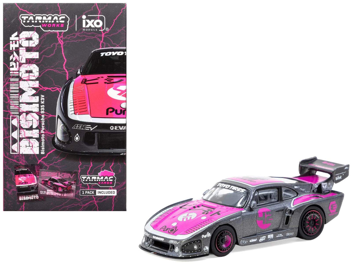 Porsche 935 K3V Bisimoto Gray Metallic with Pink Hood and Top with Tarmac Cards | 1/64 Diecast Model Car | Tarmac Works | Hobby64 Series