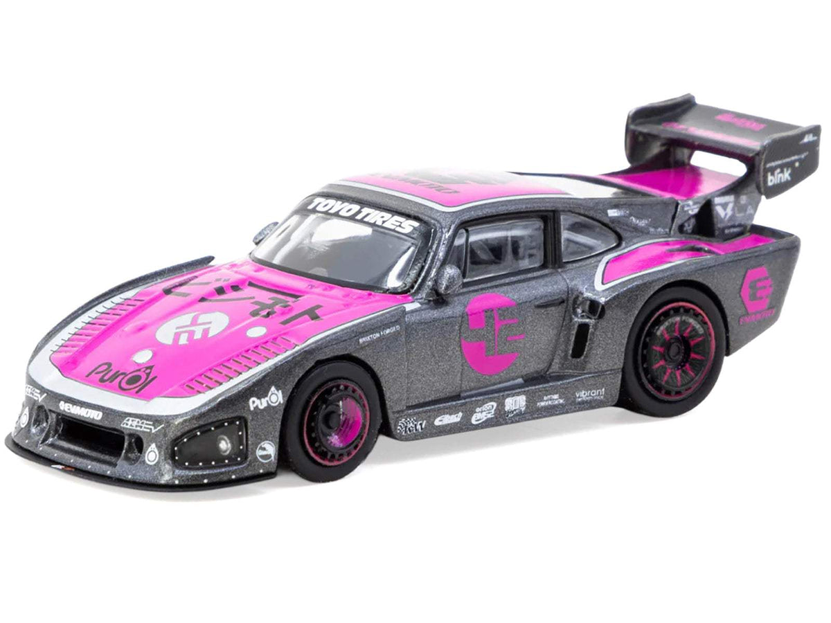 Porsche 935 K3V Bisimoto Gray Metallic with Pink Hood and Top with Tarmac Cards | 1/64 Diecast Model Car | Tarmac Works | Hobby64 Series