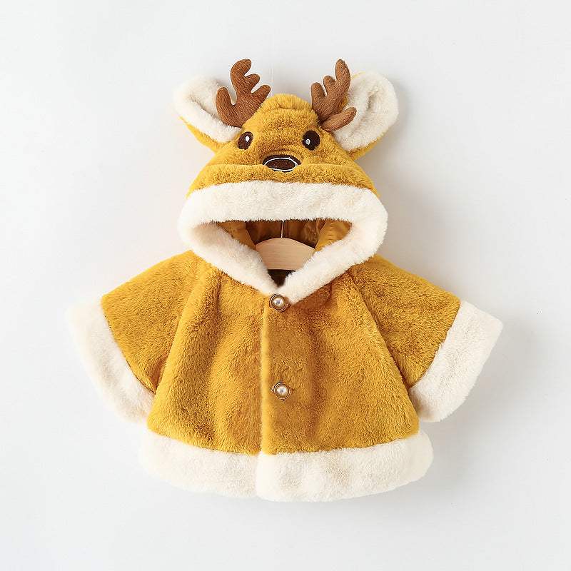 Kids' Thick Hooded Cape Coat With Small Antlers | White