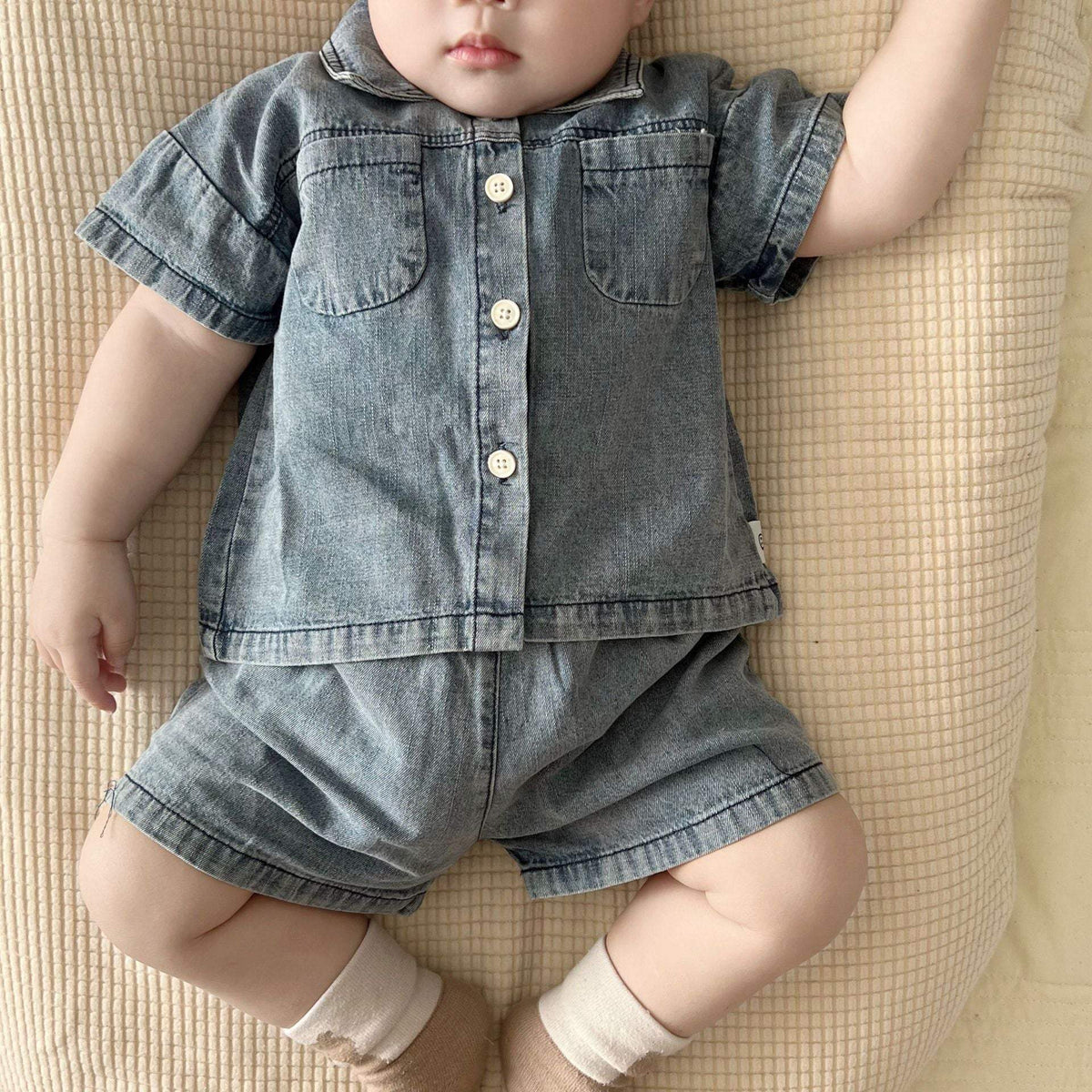 Boys' And Girls' Summer Solid Color Shorts Suit | Light Blue And Dark Blue