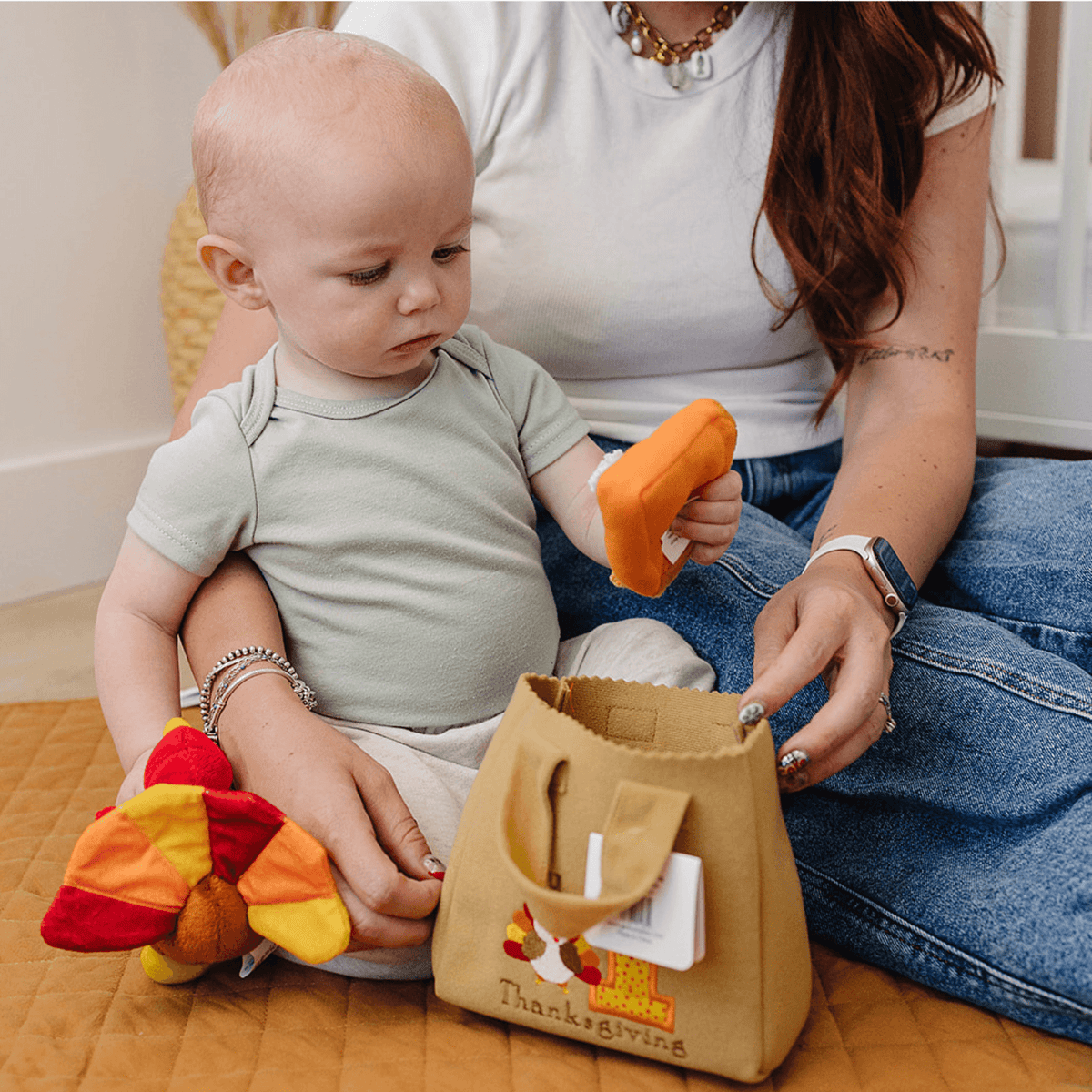 Baby Thanksgiving Turkey Fill And Spill Bag | 4 Sensory Toys | Keepsake Gift