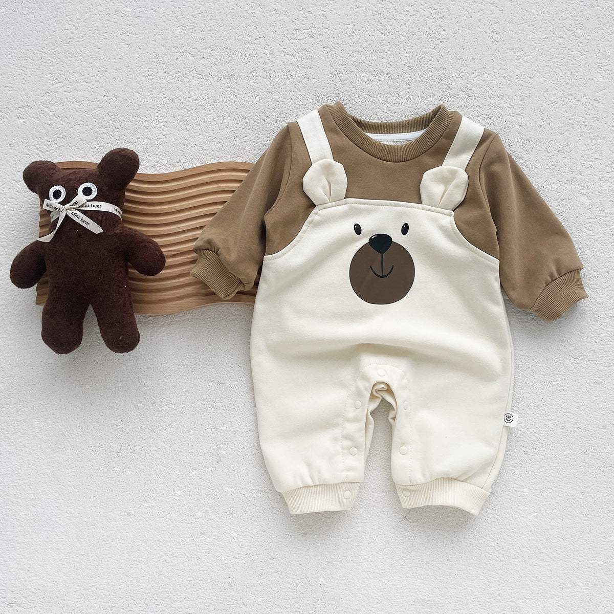 Baby Little Bear Fake Two-Piece Long-Sleeve Onesie | Apricot And Coffee Brown
