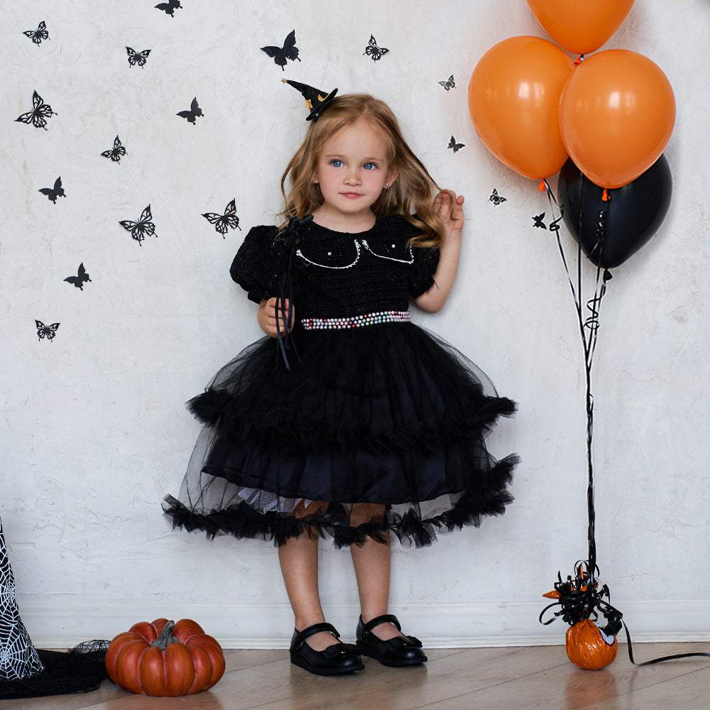 Girls' Halloween Mesh Stitching Puff Sleeve Dress | Black