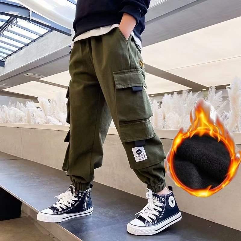 Big Kids' Multi-Pocket Fleece Cargo Work Pants | Ankle-Tie | Black And Green