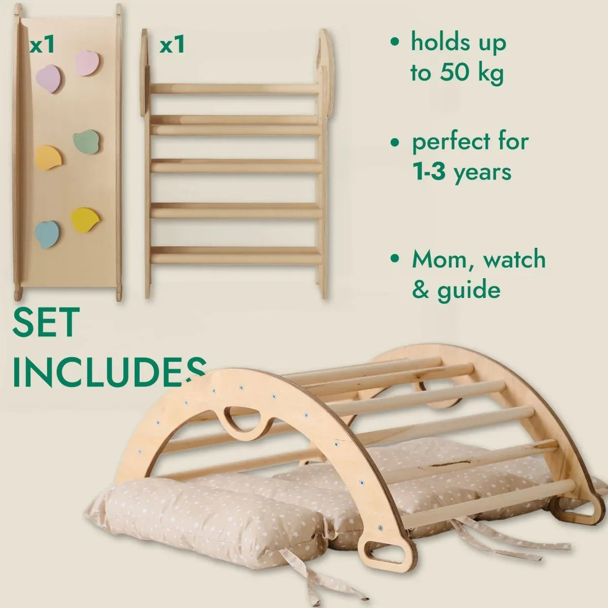 4in1 Montessori Climbing Set: Pikler Triangle, Arch, Slide Board, and Cushion for Toddlers (1–3 Years) - ToylandEU