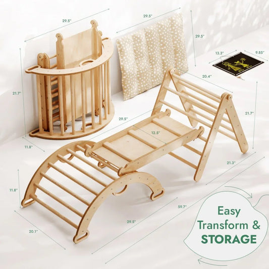 4in1 Montessori Climbing Set: Triangle Ladder + Climbing Arch + Slide Board + Cushion (1-3 y.o) - ToylandEU