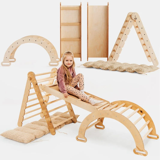 4in1 Montessori Climbing Set: Triangle Ladder + Climbing Arch + Slide Board & Cushion – Beige - ToylandEU