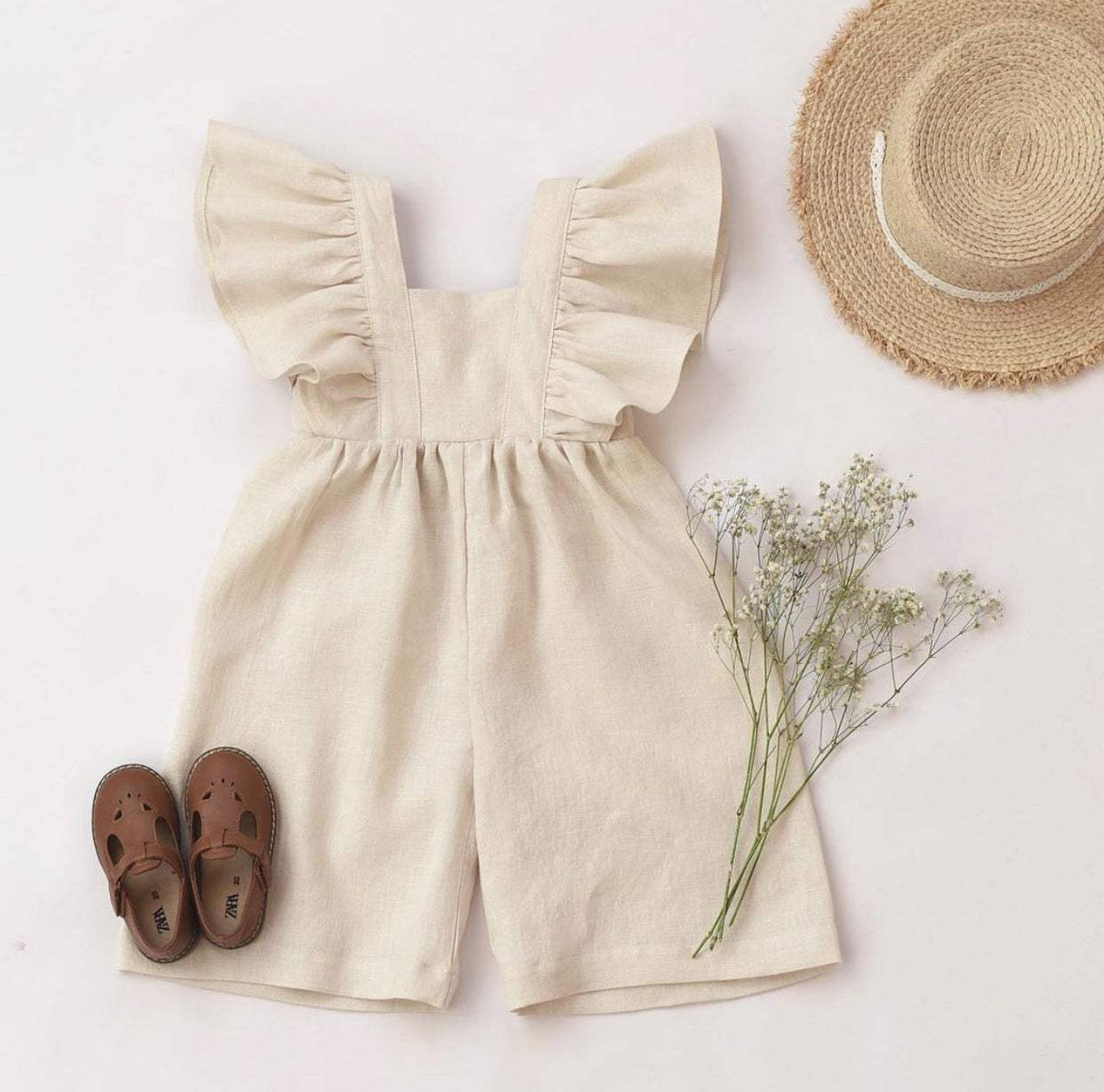 Infant Cotton And Linen One-Piece Strap Shorts Romper | Green, Apricot, Brown And Khaki