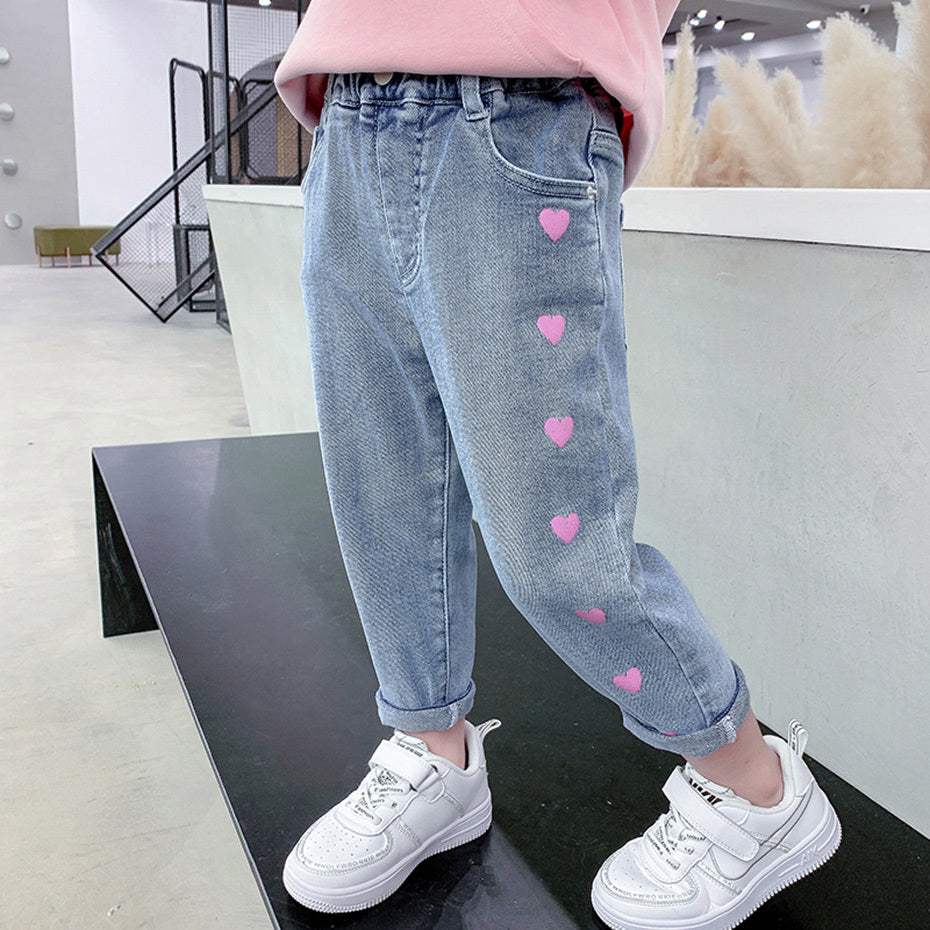Girls' Thin Stretch Jeans | Love Print | Cotton