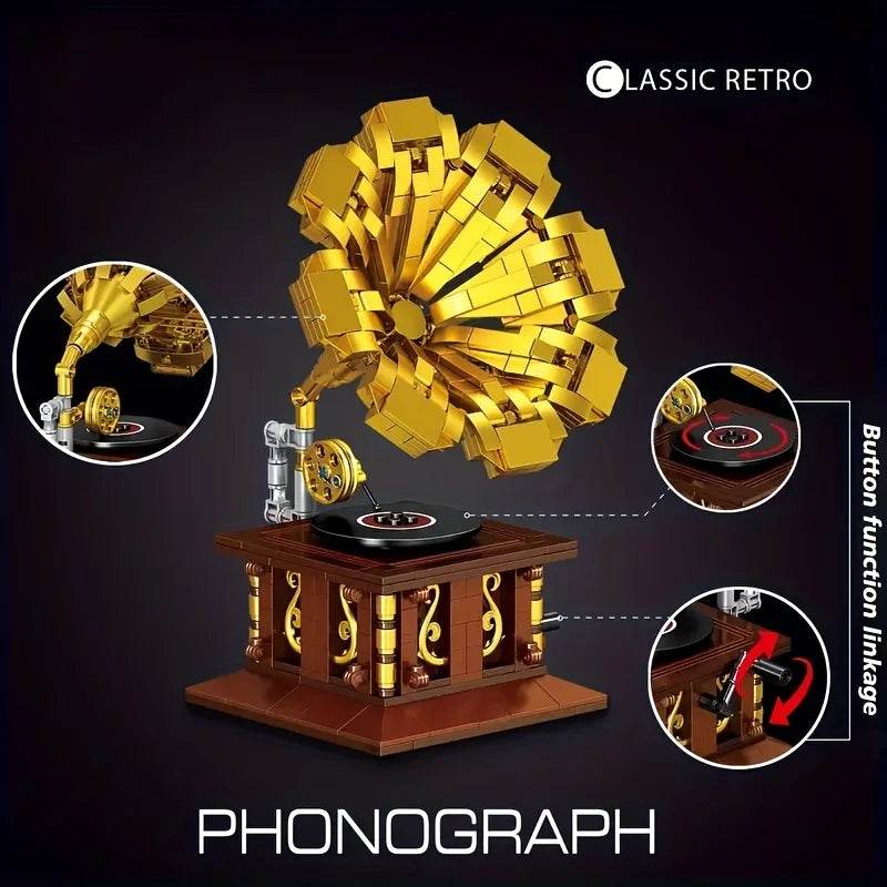 582PCS Gramophone Model Building Blocks DIY European Retro Vinyl Record Player - ToylandEU