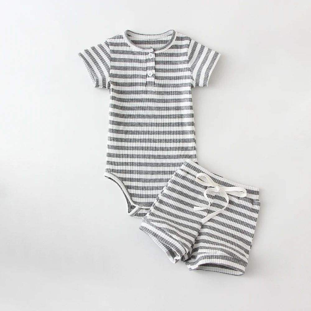 Boys' Summer Round-Neck Romper Suit | Two-Piece | Striped And Solid