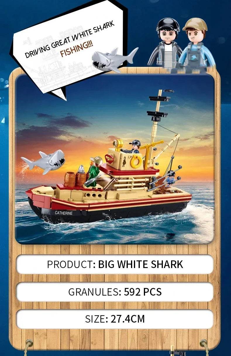 592PCS Shark Fishing Ship Building Blocks Great White Model - ToylandEU