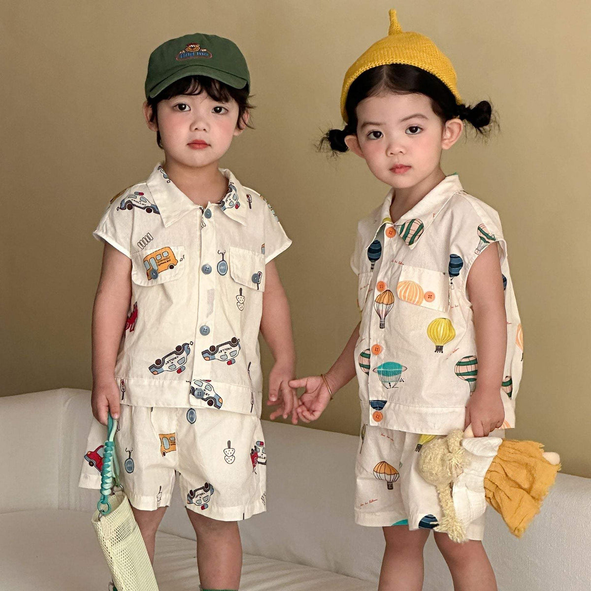 Kids' Thin Summer Shirt Set | Cartoon Car And Hot Air Balloon