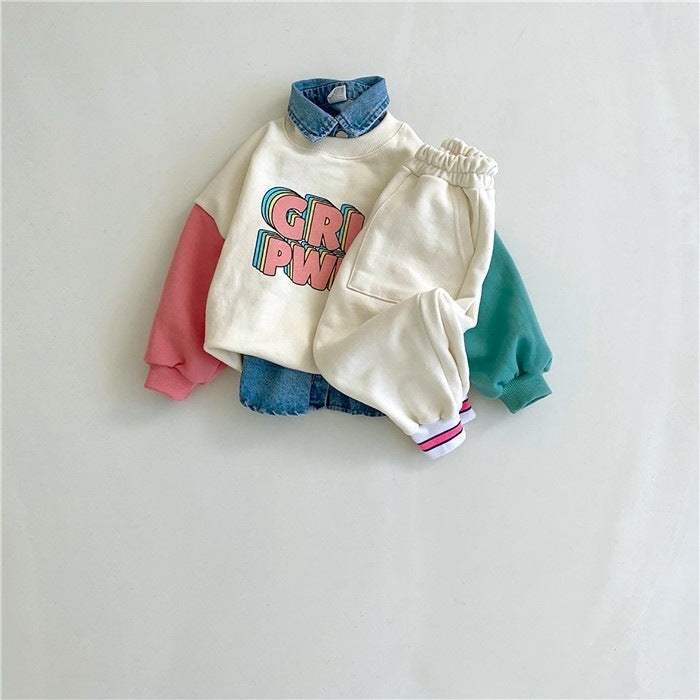 Kids' Contrast Sleeve Letter Sweater And Color-Block Pants Set | Baby & Children's Outfits