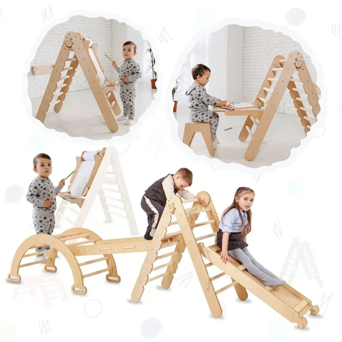 5in1 Montessori Climbing Set: Triangle Ladder + Climbing Arch + Slide Board + Climbing Net + Art Addition - ToylandEU