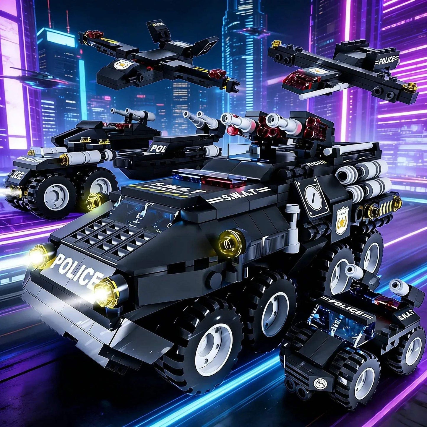 6-In-1 Police Car Building Blocks Military Offroad Truck DIY - ToylandEU
