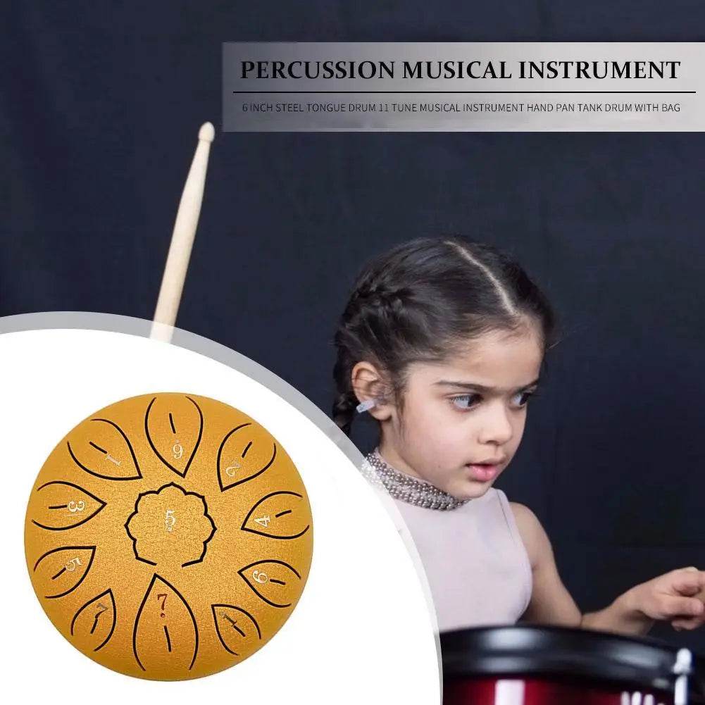6 Inch Steel Tongue Drum 11 Tune Notes Percussion Musical Instrument Hand Pan Tank Drum with Bag Drumsticks and Sticker for Children - ToylandEU