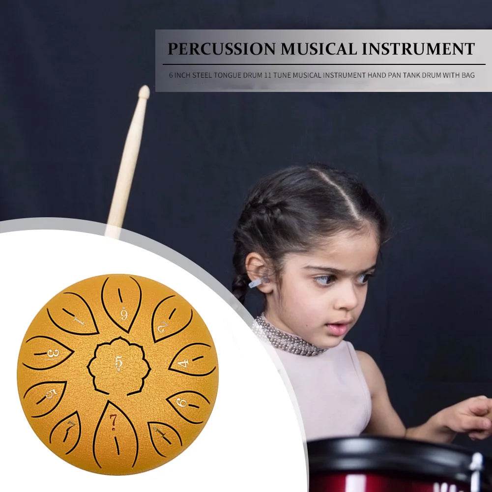 6 Inch Steel Tongue Drum 11 Tune Notes Percussion Musical Instrument Hand Pan Tank Drum with Bag Drumsticks and Sticker for Children - ToylandEU