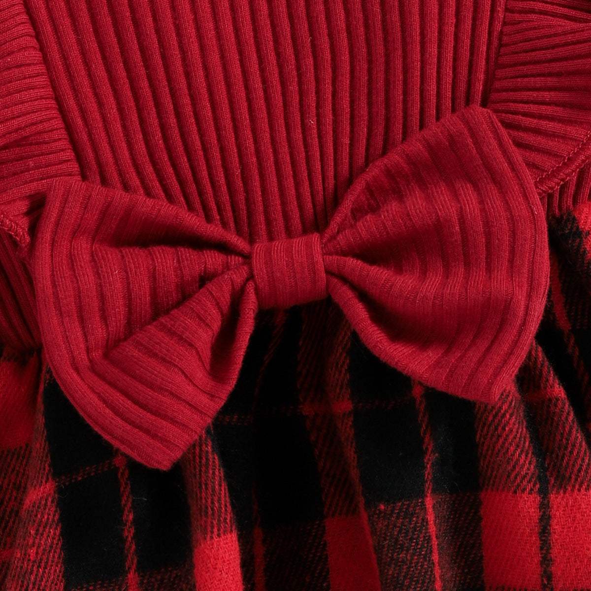 Infant Autumn And Winter Pullover Romper With Tartan Skirt | Sunken Stripe | Red