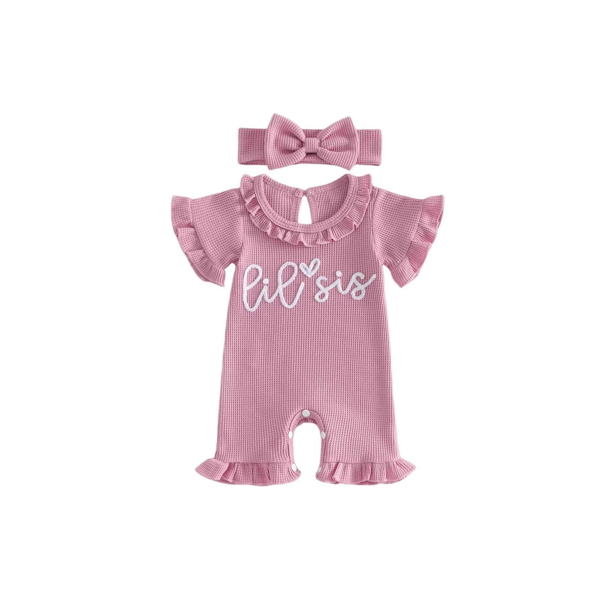 Baby Lace-Trim Short-Sleeve Romper With Headband | Khaki And Pink