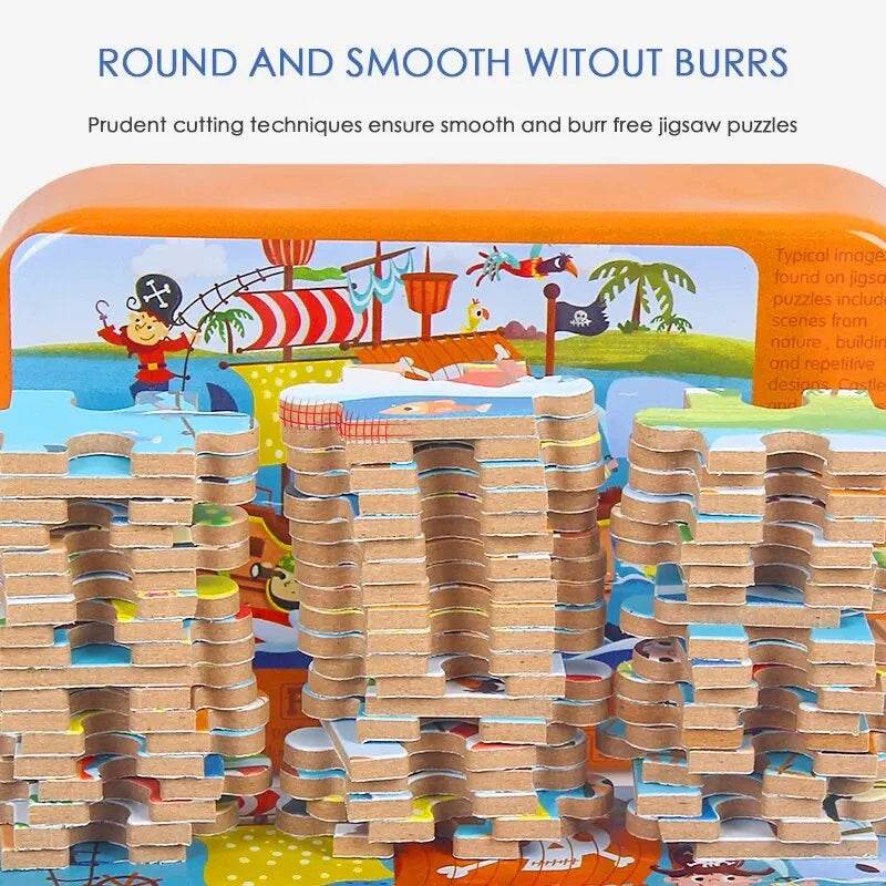 60PCS Wooden Jigsaw Iron Box Set Cartoon Animal Puzzle Gift - ToylandEU