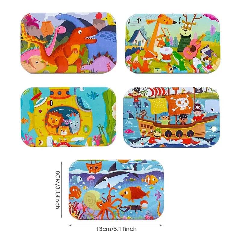 60PCS Wooden Jigsaw Iron Box Set Cartoon Animal Puzzle Gift - ToylandEU