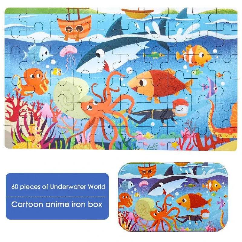 60PCS Wooden Jigsaw Iron Box Set Cartoon Animal Puzzle Gift - ToylandEU