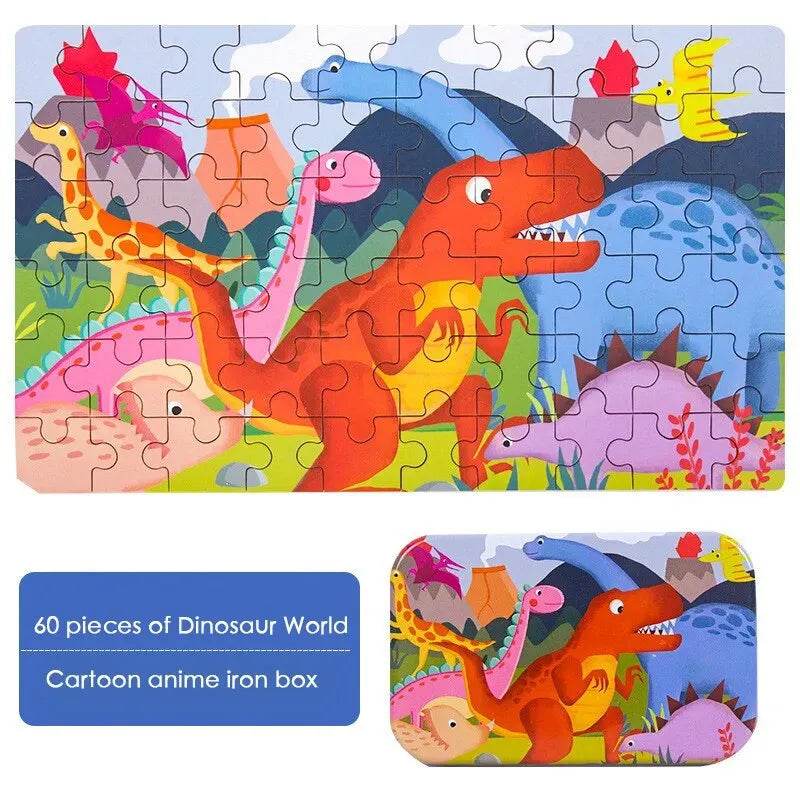 60PCS Wooden Jigsaw Iron Box Set Cartoon Animal Puzzle Gift - ToylandEU
