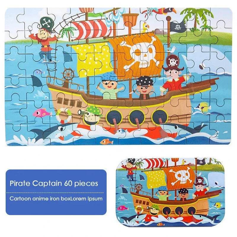 60PCS Wooden Jigsaw Iron Box Set Cartoon Animal Puzzle Gift - ToylandEU