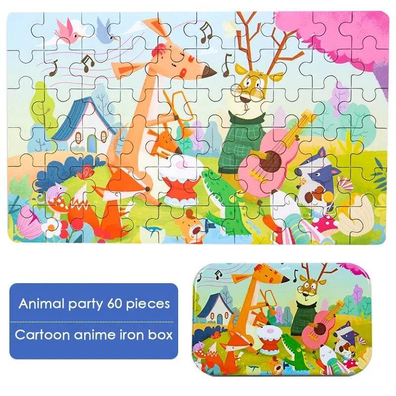 60PCS Wooden Jigsaw Iron Box Set Cartoon Animal Puzzle Gift - ToylandEU