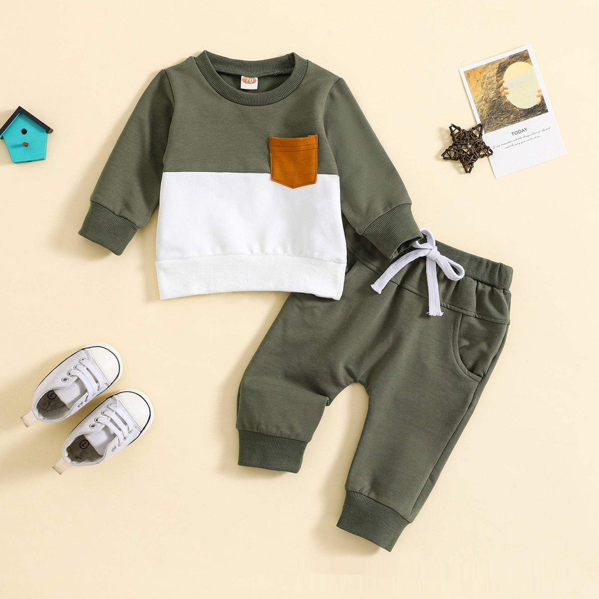 Boys' Color-Block Crew-Neck Long-Sleeve Suit | Olive Green And Sapphire Blue