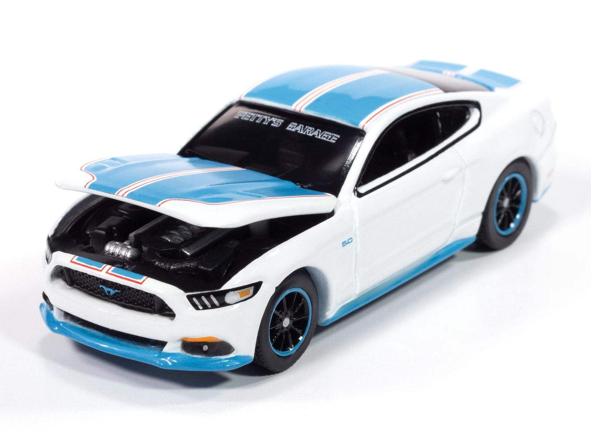 2016 Ford Mustang Diecast | 1/64 Scale | Oxford White Petty Blue Stripes