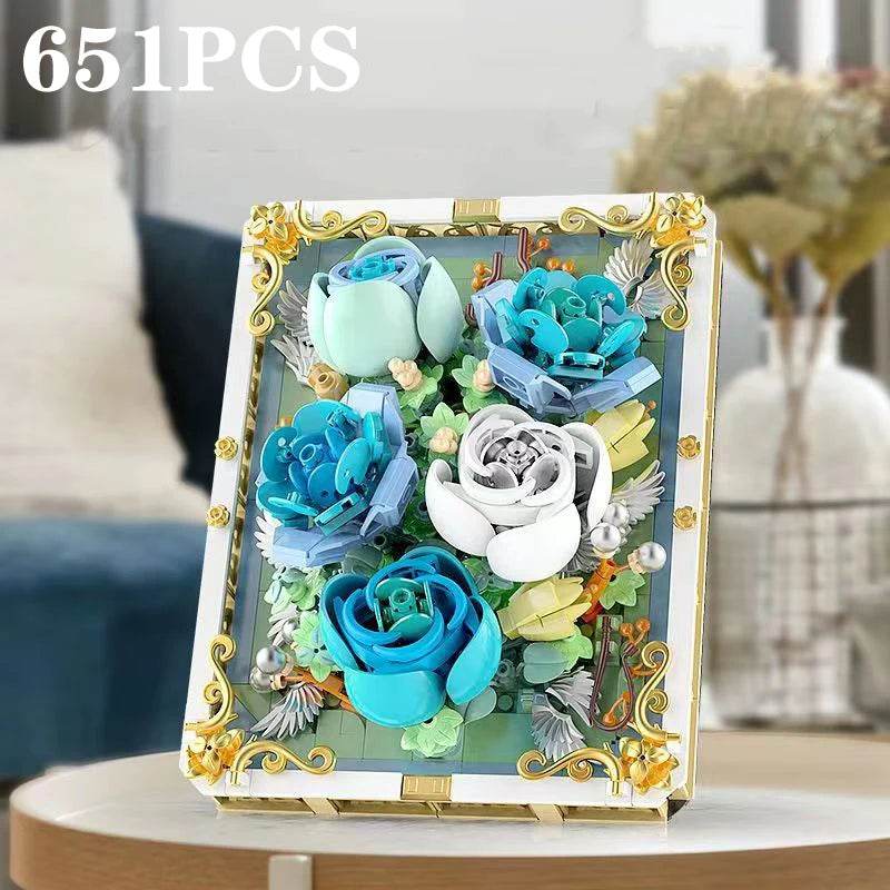 651PCS Preserved Flower Photo Frame Building Blocks Blue White Rose 3D Puzzle Toy - ToylandEU