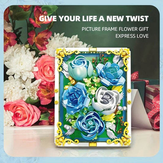 651PCS Preserved Flower Photo Frame Building Blocks Blue White Rose 3D Puzzle Toy - ToylandEU