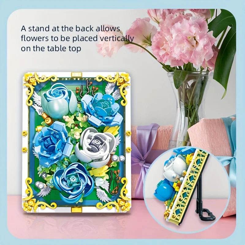 651PCS Preserved Flower Photo Frame Building Blocks Blue White Rose 3D Puzzle Toy - ToylandEU
