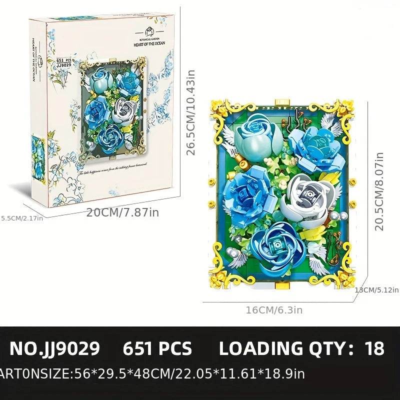 651PCS Preserved Flower Photo Frame Building Blocks Blue White Rose 3D Puzzle Toy - ToylandEU