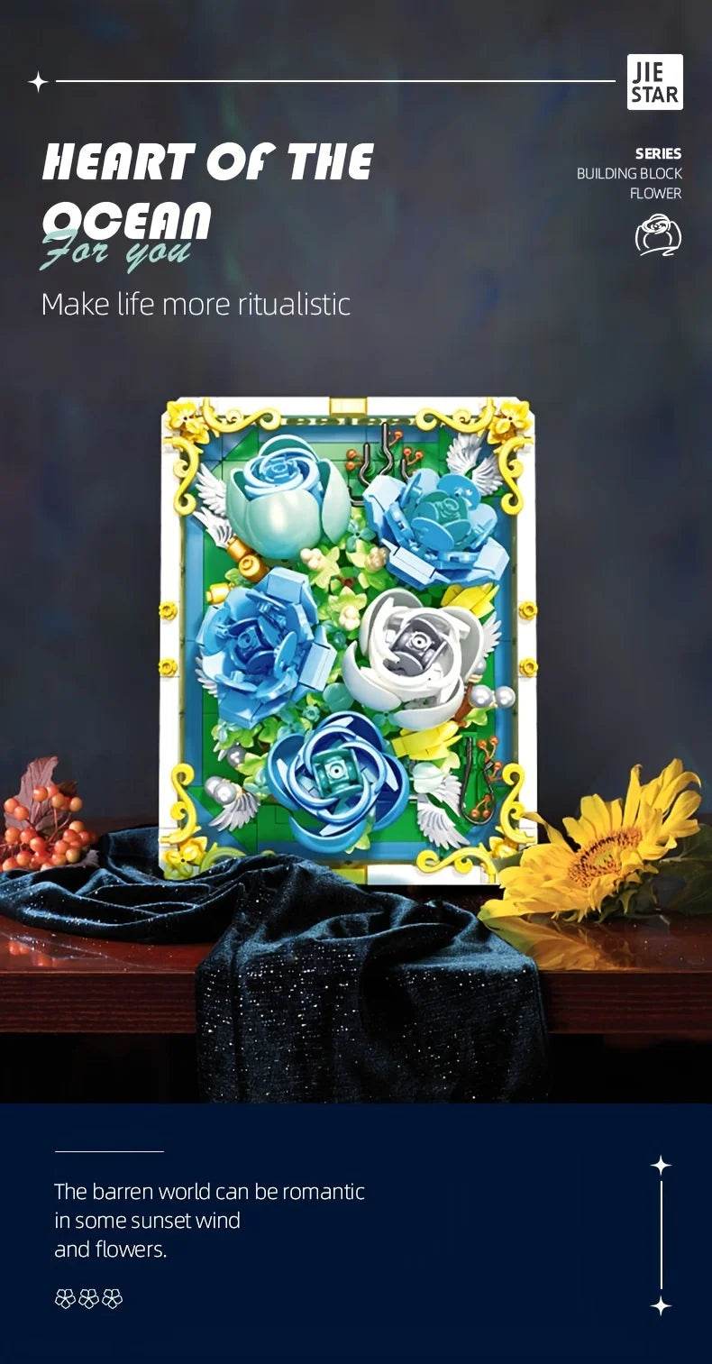 651PCS Preserved Flower Photo Frame Building Blocks Blue White Rose 3D Puzzle Toy - ToylandEU