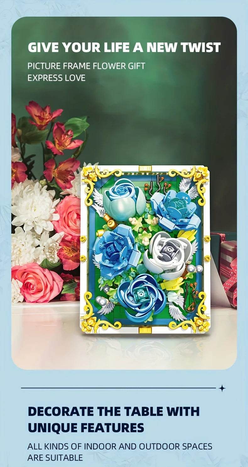 651PCS Preserved Flower Photo Frame Building Blocks Blue White Rose 3D Puzzle Toy - ToylandEU